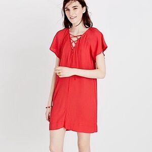 MADEWELL Dress Lace Up Front Flutter Sleeve Red Shift Size Medium